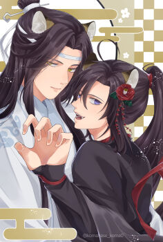 2boys ahoge animal_ears bishounen black_hair black_hanfu chinese_clothes chinese_zodiac claw_pose closed_mouth couple egasumi fangs flower hair_flower hair_ornament hair_ribbon hanfu headband highres hug kemonomimi_mode koma_hase lan_wangji light_particles long_hair looking_at_viewer male_focus modao_zushi multiple_boys open_mouth ponytail purple_eyes red_flower red_ribbon ribbon robe sidelocks sleeves_past_wrists smile tiger_boy tiger_ears topknot twitter_username upper_body wei_wuxian white_hanfu white_headband wide_sleeves xiao_guan_(headdress) yaoi year_of_the_tiger yellow_eyes
