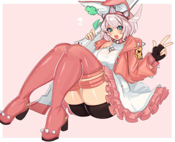 1girl :d absurdres ahoge animal_collar animal_ears aqua_eyes bike_shorts bike_shorts_under_skirt black_gloves black_shorts bob_cut boots border bracelet breasts clover collar commentary cowlick dress elphelt_valentine english_commentary fake_animal_ears fingerless_gloves four-leaf_clover frilled_dress frilled_skirt frills full_body gloves guilty_gear guilty_gear_strive gun hair_between_eyes hairband highres holding holding_gun holding_weapon invisible_chair jacket jewelry lainey153045 medium_breasts open_clothes open_jacket open_mouth pink_background pink_boots pink_collar pink_jacket short_dress shorts shorts_under_dress sitting skindentation skirt smile solo spiked_bracelet spiked_collar spiked_gloves spiked_jacket spiked_thighlet spikes tail thigh_boots thighs w weapon white_border white_dress white_hair white_skirt