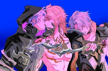 2boys antenna_hair arm_tattoo armlet armor black_choker black_cloak black_coat black_shirt blonde_hair braid chest_tattoo choker cloak closed_eyes coat dada_dain deep_wound earrings facial_tattoo flame_reaver_of_the_deepest_dark gold_earrings gold_necklace gradient_hair hair_between_eyes hand_on_another&#039;s_cheek hand_on_another&#039;s_face hashtag-only_commentary head_on_another&#039;s_shoulder highres honkai:_star_rail honkai_(series) hood hood_up hooded_cloak imminent_kiss injury jewelry leaning_on_person male_focus medium_hair multicolored_hair multiple_boys mydei_(honkai:_star_rail) necklace open_clothes open_coat pauldrons phainon_(honkai:_star_rail) red_hair red_tattoo shirt short_hair shoulder_armor side_braid single_pauldron stab tattoo white_coat white_hair yaoi yellow_eyes