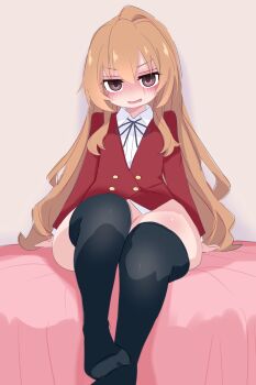 1girl aisaka_taiga arm_support bed bedroom black_ribbon black_thighhighs blush bottomless brown_eyes brown_hair flat_chest highres jacket kukuchi581 loli long_hair long_sleeves looking_at_viewer neck_ribbon on_bed open_mouth red_jacket ribbon school_uniform shirt sitting smile thick_thighs thighhighs thighs toradora! white_shirt wide_hips