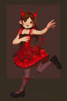 1girl alkemanubis brown_hair commentary demon_tail dress english_commentary highres horns original pantyhose red_dress solo tail variant_set