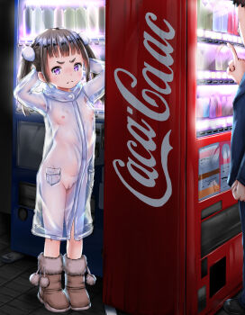 1boy arms_behind_head boots brown_footwear brown_hair censored closed_mouth coat coca-cola exhibitionism flat_chest full_body fur-trimmed_boots fur_trim hair_ornament higeepon highres jacket loli long_sleeves looking_at_viewer medium_hair mosaic_censoring naked_coat nipples original outdoors paid_reward_available pom_pom_(clothes) pom_pom_hair_ornament public_indecency purple_eyes pussy see-through_clothes see-through_jacket sidelocks solo_focus standing thighs tsurime twintails vending_machine