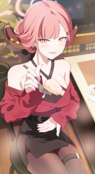 1girl absurdres aru_(blue_archive) bare_shoulders black_pantyhose black_skirt blue_archive breasts brown_horns cake chair commentary demon_horns food food_on_face fork hair_ornament hairclip halo halterneck highres holding holding_fork horns incoming_food large_breasts light_blush long_sleeves looking_at_viewer low_horns off-shoulder_sweater off_shoulder official_alternate_costume on_chair orange_eyes orange_halo pantyhose parted_lips pink_hair plant potted_plant red_sweater sasabe_opika signature sitting skirt sleeves_past_wrists solo sweater table thigh_strap updo
