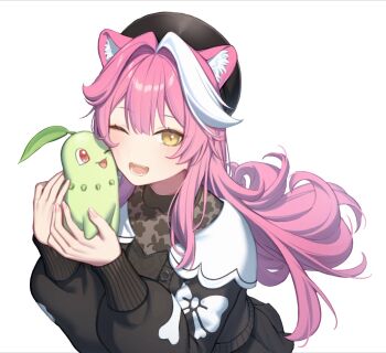 1girl animal_ears beret black_dress black_hat blush bow_print cheek-to-cheek chikorita commentary dress fingernails gen_2_pokemon hair_intakes hat heads_together highres hololive hololive_english long_hair long_sleeves looking_at_viewer multicolored_hair nail_polish nintendo one_eye_closed open_mouth panther_ears panther_girl pink_hair pink_nails pokemon pokemon_(creature) pokemon_legends:_z-a raora_panthera resu_desu simple_background smile streaked_hair teeth two-tone_hair virtual_youtuber white_background white_hair yellow_eyes