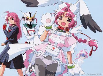 1girl ahoge animal_ears animal_hands casshern casshern_(cosplay) casshern_(series) casshern_sins collar cosplay ghost gloves highres long_hair multiple_views nakahara_komugi nurse nurse_witch_komugi-chan pantyhose parody pink_eyes pink_hair school_uniform see-through_clothes serafuku short_hair sukeban_deka transparent watanabe_akio yo-yo