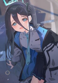 1girl :d aqua_eyes aqua_halo aris_(blue_archive) black_hair black_hairband black_jacket black_skirt blue_archive blue_jacket blue_necktie blurry blurry_background blush bright_pupils collared_shirt commentary cowboy_shot depth_of_field double-parted_bangs hair_behind_ear hair_between_eyes hairband halo highres jacket kousaki_(yeuk7427) long_bangs long_hair long_hair_between_eyes long_sidelocks long_sleeves looking_at_viewer multicolored_jacket necktie one_side_up open_clothes open_jacket open_mouth outdoors pleated_skirt rectangular_halo ringed_eyes road school_uniform shirt sidelocks skirt smile solo street two-sided_fabric two-sided_jacket very_long_hair white_jacket white_pupils white_shirt