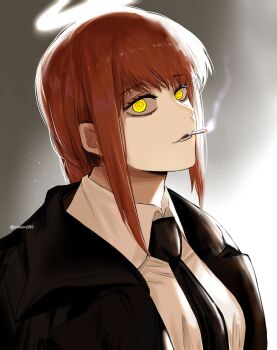 1girl absurdres black_coat black_necktie braid braided_ponytail breasts chainsaw_man cigarette coat commentary gradient_background halo highres large_breasts makima_(chainsaw_man) masoq necktie profile red_hair ringed_eyes sidelocks single_braid smoking solo twitter_username upper_body yellow_eyes