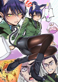 ...! 1boy 2girls absurdres animal_ears black_hair brown_eyes cat_ears cat_girl cat_tail commentary_request disintegration gundam gundam_gquuuuuux hair_bun helmet high_heels highres indoor_gorilla kycilia_zabi mask miguel_serverto military_uniform miniskirt mouth_mask multiple_girls nyaan_(gundam_gquuuuuux) orange_hair pantyhose purple_hair skirt speech_bubble spoilers tail thighs yellow_eyes zeon