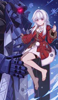 1girl barefoot beiduan clara_(honkai:_star_rail) coat dress genius_invokation_tcg_(style) glowing highres honkai:_star_rail honkai_(series) long_hair long_sleeves looking_at_viewer mecha pink_eyes red_eyes robot size_difference snow snowflakes svarog_(honkai:_star_rail) white_dress white_hair