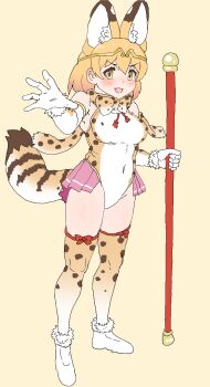 1girl absurdres animal_ears animal_print bare_shoulders bow bow_legwear bowtie cat_ears cat_girl cat_print cat_tail circlet elbow_gloves full_body fur_trim gloves gradient_thighhighs highres kemono_friends kumasyan1998 leotard official_alternate_costume pink_skirt pleated_skirt print_bow print_bowtie print_gloves print_leotard print_thighhighs serval_(kemono_friends) shoes showgirl_skirt skirt sleeveless solo staff tail thighhighs white_fur white_gloves white_leotard white_shoes white_thighhighs