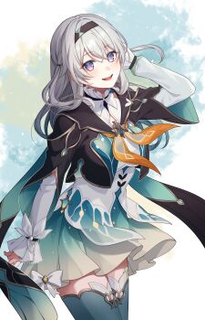 1girl absurdres bad_link blush breasts brown_hairband brown_jacket dress firefly_(honkai:_star_rail) gradient_hair grey_hair hair_between_eyes hairband highres honkai:_star_rail honkai_(series) jacket long_hair long_sleeves looking_at_viewer multicolored_eyes multicolored_hair open_mouth pink_eyes pochimaru_(marumaru_wanwan) simple_background smile solo thighhighs two-tone_eyes white_dress white_sleeves