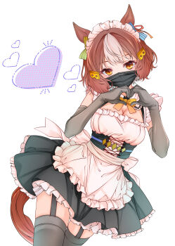 1girl absurdres animal_ears apron belno_light_(umamusume) black_corset black_dress black_gloves black_mask black_thighhighs blush bow breasts brown_hair corset dress ear_ornament ear_ribbon elbow_gloves frills garter_straps gloves hair_ornament heart highres horse_ears horse_girl horse_tail letter_hair_ornament looking_at_viewer maid maid_apron maid_headdress mask medium_breasts mouth_mask multicolored_hair reishi_(litvyak) short_hair sleeveless sleeveless_dress tail thighhighs two-tone_hair umamusume umamusume:_cinderella_gray white_apron white_hair white_headdress