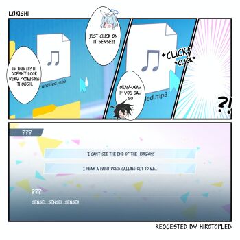 !? arona_(blue_archive) blue_archive blue_hair braid cursor english_text hair_over_one_eye hairband halo highres lukishi multicolored_hair pink_hair sensei_(blue_archive) short_hair tagme