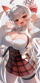 Rule 34 | 1girl, absurdres, ahoge, animal ear fluff, animal ears, blush, breasts, claw pose, cleavage, cowboy shot, fang, fox ears, hair ornament, hair ribbon, high-waist skirt, highres, keureu (tiqkdtiqkd10), large breasts, leveling (vtuber), long hair, long sleeves, looking at viewer, nao (vtuber), open mouth, plaid clothes, plaid skirt, puffy long sleeves, puffy sleeves, red eyes, ribbon, simple background, skirt, solo, standing, sweater, thigh strap, tongue, tongue out, very long hair, virtual youtuber, white hair, white sweater, x hair ornament
