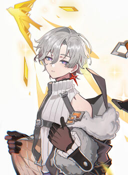 Rule 34 | 1boy, absurdres, bad source, bare shoulders, black gloves, blue eyes, coat, dino qiu, earrings, floating, floating object, fur trim, genshin impact, gloves, grey hair, hair between eyes, halo, highres, illuga (genshin impact), jacket, jewelry, long sleeves, looking at viewer, male focus, multicolored eyes, off shoulder, open clothes, parted lips, ribbed shirt, ribbed sweater, shirt, short hair, simple background, sleeveless, sleeveless sweater, solo, sparkle, sweater, turtleneck, upper body, white background, white sweater