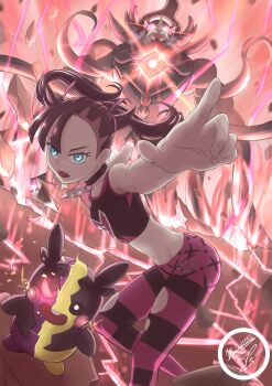 1girl absurdres aqua_eyes asymmetrical_bangs black_choker black_gloves black_hair black_shirt choker commentary_request crack crop_top dated debris dynamax dynamax_band fingernails foreshortening gen_8_pokemon gigantamax gigantamax_grimmsnarl gloves glowing grimmsnarl hair_ribbon highres marnie_(pokemon) midriff mochachiiino morpeko morpeko_(full) morpeko_(hangry) nintendo official_alternate_costume open_mouth outstretched_arm pantyhose pink_ribbon pink_shorts pointing pokemon pokemon_(creature) pokemon_swsh ribbon shirt shorts signature single_glove sleeveless sleeveless_shirt striped_clothes striped_pantyhose torn_clothes torn_pantyhose transformation twintails undercut
