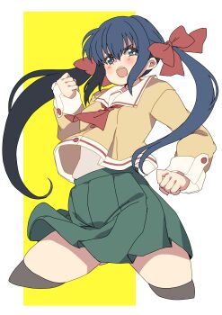 1girl :o absurdres angry black_thighhighs blue_eyes blue_hair blush bow clenched_hands commentary_request cropped_legs green_skirt hair_bow highres inagata long_hair long_sleeves looking_at_viewer midriff_peek nanase_rumi neckerchief one_-_kagayaku_kisetsu_e pleated_skirt red_bow red_neckerchief sailor_collar school_uniform shirt skirt smile solo teeth thighhighs twintails upper_teeth_only white_sailor_collar white_wrist_cuffs wrist_cuffs yellow_shirt zettai_ryouiki