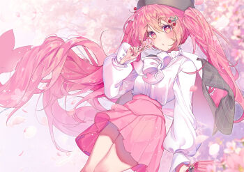 1girl absurdly_long_hair absurdres blush character_hair_ornament cherry_blossoms commentary_request floating_hair flower grey_jacket hair_between_eyes hair_ornament hatsune_miku highres holding holding_flower jacket jacket_on_shoulders long_hair long_sleeves looking_at_viewer official_alternate_costume oxalis parted_lips pink_eyes pink_flower pink_hair pink_skirt pleated_skirt sakura_miku sakura_miku_(rella) shirt skirt solo twintails very_long_hair vocaloid white_shirt