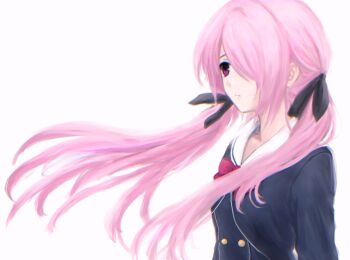 1girl bloodwraith6 bow breasts chaos;child chest_bow collarbone collared_dress cropped_jacket dress expressionless from_side hair_over_one_eye hair_ribbon hashtag-only_commentary hekiho_academy_school_uniform highres long_hair long_sleeves minamisawa_senri one_eye_covered pink_hair profile red_bow ribbon school_uniform science_adventure simple_background small_breasts solo twintails upper_body very_long_hair white_background