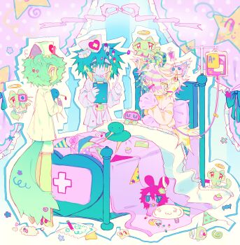 absurdres animal_ears aqua_hair bandages bed bow cat_ears cat_hair_ornament cat_tail chervya clipboard green_hair hair_ornament halo hat highres hospital hospital_bed intravenous_drip multicolored_hair nurse nurse_cap on_bed original paper pencil pill pill_bottle pillow star_(symbol) string_of_flags striped_hair stuffed_animal stuffed_toy syringe tail yami_kawaii
