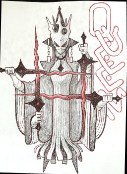 Rule 34 | >:), 1other, absurdres, character name, chess piece, crown, extra arms, full body, highres, holding, holding sword, holding weapon, jewelry, multiple rings, original, quadruple wielding, queen (chess), red eyes, ring, short sword, simple background, sword, v-shaped eyebrows, weapon, white background, zals