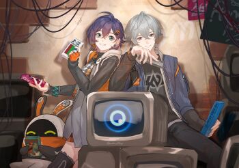 1boy 1girl bangboo_(zenless_zone_zero) belle_(zenless_zone_zero) black_shirt black_thighhighs blue_hair blue_jacket bracelet brother_and_sister closed_mouth commentary_request crossed_bangs earrings eous_(zenless_zone_zero) fairy_(zenless_zone_zero) fingerless_gloves gloves green_eyes grey_hair grin hair_between_eyes hair_ornament highres indoors jacket jewelry letter_hair_ornament looking_at_viewer orange_gloves shirt short_hair siblings single_fingerless_glove single_glove smile tanemaki_monaka television thighhighs wire wise_(zenless_zone_zero) zenless_zone_zero