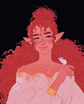 1boy animal animal_on_shoulder arcanegold black_background black_eyeliner closed_mouth collarbone colored_skin commentary crescent crescent_necklace curly_hair dungeons_&amp;_dragons ear_piercing elf english_commentary eyelashes eyeliner film_grain gold_necklace gold_piercing gold_ring gold_trim half-closed_eyes half_up_bun highres implied_cuntboy jewelry light_smile long_hair long_sleeves looking_to_the_side makeup mole mole_above_mouth mole_under_eye mouse_on_shoulder necklace off-shoulder_shirt off_shoulder original ornate piercing pink_hair pink_skin pointy_ears puffy_long_sleeves puffy_sleeves red_eyes shirt simple_background sketch thick_eyebrows thick_lips upper_body wesley_(arcanegold) white_shirt