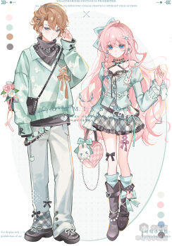 1boy 1girl black_shirt black_sweater blue_bow blue_hair blue_shirt blue_skirt blue_socks boots bow brown_boots brown_hair brown_shoes closed_mouth color_guide commission frilled_skirt frills full_body hair_bow hand_up highres jewelry juliet_sleeves long_hair long_sleeves looking_at_viewer mihuashi_username necklace original pants pink_hair plaid_clothes plaid_skirt pleated_skirt puffy_sleeves shirt shoes short_hair skirt socks standing sweater turtleneck turtleneck_shirt watermark white_background white_pants xun_xun_xiaolongbao