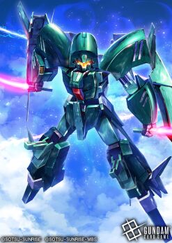 Rule 34 | anksha, assault visor, cloud, cloudy sky, commentary request, copyright logo, copyright name, copyright notice, dual wielding, earth federation, energy sword, flying, gundam, gundam card game, gundam unicorn, holding, holding sword, holding weapon, kenko (a143016), logo, mecha, mecha focus, no humans, official art, orange visor, robot, science fiction, sky, solo, sword, weapon