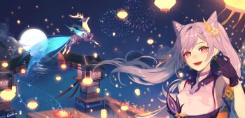 Rule 34 | 1girl, aerial fireworks, animal, antlers, bare shoulders, boja, breasts, choker, commentary request, cone hair bun, deer, detached sleeves, earrings, fireworks, flower, frills, genshin impact, gloves, hair bun, hair flower, hair ornament, hand in own hair, harbor, horns, jewelry, keqing (genshin impact), lantern, long hair, looking at viewer, medium breasts, moon, mountain, neck tassel, night, ocean, open mouth, outdoors, paper lantern, purple eyes, purple hair, revision, sky, sky lantern, skybracer (genshin impact), solo, symbol-shaped pupils, tassel, tower, twintails, water, white flower