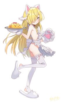 1girl :o animal_ears animal_hands apron ass blonde_hair blush cat_ears commentary_request fake_animal_ears flat_chest food full_body gloves hair_over_one_eye highres long_hair looking_at_viewer naked_apron omelet omurice original paw_gloves purple_eyes simple_background slippers solo thighhighs white_background youyueyue