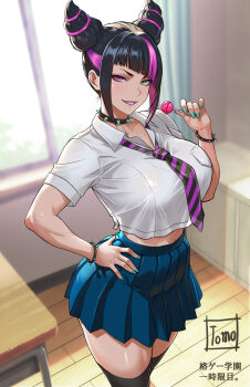 Rule 34 | 1girl, absurdres, artist name, breasts, commentary request, diagonal bangs, food, hair horns, han juri, highres, holding, holding food, holding popsicle, large breasts, multicolored eyes, necktie, popsicle, school uniform, signature, street fighter, street fighter 6, tomo eokaiteru, two-tone eyes