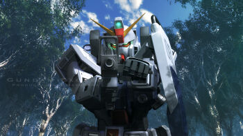 3d aiming aiming_at_viewer artist_name cloud commentary_request earth_federation english_text forest ground_gundam gun gundam gundam_08th_ms_team highres machine_gun machinery mecha mecha_focus mobile_suit nature realistic robot s.hasegawa science_fiction signature tree upper_body v-fin watermark weapon