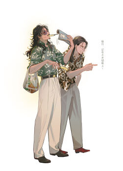 Rule 34 | 2boys, bag, belt, black belt, black hair, black shoes, brown shirt, character request, chinese text, closed mouth, commentary request, facial hair, food, food in mouth, glasses, goatee, green shirt, grocery bag, highres, holding, holding food, holding magazine, holding popsicle, long hair, magazine (object), male focus, melting popsicle, multiple boys, mustache, noir (ibaraki), pants, patterned clothing, plastic bag, pointing, pointing forward, popsicle, popsicle in mouth, red shoes, shirt, shoes, shopping bag, simple background, sleeves rolled up, teeth, tinted eyewear, translation request, twilight of the warriors: walled in, white background, white pants