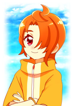 Rule 34 | 1boy, blue sky, bracelet, closed mouth, cloud, cloudy sky, commentary, day, hair over one eye, highres, hirogaru sky! precure, jewelry, kyanos (b 0000ff), looking at viewer, male focus, orange hair, outdoors, precure, red eyes, shirt, short hair, short sleeves, sky, smile, upper body, yellow shirt, yuunagi tsubasa