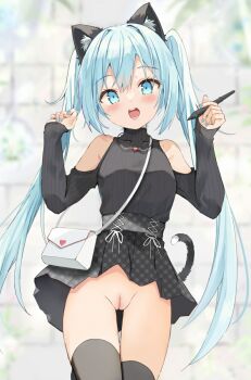 1girl animal_ear_fluff animal_ears bag bare_shoulders black_shirt blue_eyes blue_hair blue_nails blurry blurry_background blush breasts cat_ears cat_girl cat_tail cleft_of_venus clothes_lift clothing_cutout depth_of_field female_focus grey_skirt grey_thighhighs hair_between_eyes hands_up heart highres holding holding_stylus loli long_hair long_sleeves looking_at_viewer nail_polish no_panties nude_filter original parted_lips pleated_skirt pussy saeki_sora shirt shoulder_bag shoulder_cutout skirt skirt_lift sleeves_past_wrists small_breasts solo stylus sweater tail teeth thighhighs third-party_edit turtleneck turtleneck_sweater twintails uncensored unmoving_pattern upper_teeth_only very_long_hair