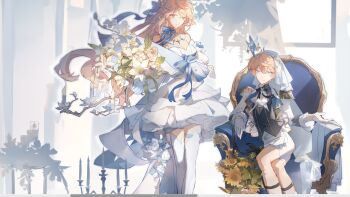 1boy 1girl ascot blonde_hair blue_eyes blue_ribbon bouquet couch cowboy_shot crossed_legs crown dress flower frills garter_straps gloves hair_between_eyes hair_ornament head_rest holding holding_bouquet legwear_garter liulianjingrua long_hair long_sleeves looking_at_viewer male_focus original petals ribbon short_hair shorts sitting sleeveless sleeveless_dress smile sunflower thighhighs veil vest white_dress white_flower white_gloves white_shorts