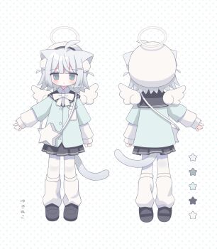 1girl ahoge animal_ears bag black_skirt bow bowtie cat_ears cat_girl cat_tail commentary_request grey_hair halo hat highres long_sleeves looking_at_viewer mini_wings multiple_views nakkar original pleated_skirt reference_sheet shirt shoes shoulder_bag skirt tail traditional_halo turnaround white_bow white_bowtie white_halo wings