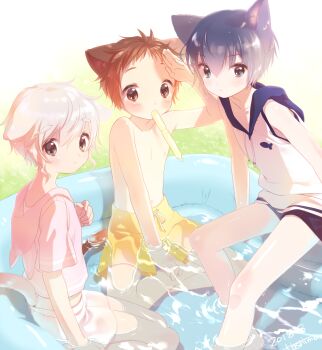 3boys animal_ears bad_id bad_pixiv_id blue_eyes blue_hair brown_eyes brown_hair cat_boy cat_ears cat_tail drawstring hashimo_kikuri highres hood hooded_vest hoodie inflatable_pool looking_at_viewer male_focus male_swimwear multiple_boys original pink_male_swimwear pink_swim_trunks swim_trunks swimsuit tail vest wading_pool white_hair yellow_male_swimwear yellow_swim_trunks