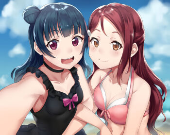 Rule 34 | 2girls, absurdres, bad id, bad pixiv id, bikini, black one-piece swimsuit, blue hair, breasts, highres, long hair, looking at viewer, love live!, love live! school idol project, love live! sunshine!!, multiple girls, one-piece swimsuit, open mouth, pink bikini, pink eyes, qwyte, red hair, sakurauchi riko, smile, swimsuit, tsushima yoshiko, yellow eyes, yuri
