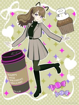 1girl animal_ears black_boots black_pantyhose black_sweater blush boots brown_background cat_ears closed_mouth commentary_request cup cupcake disposable_coffee_cup disposable_cup drawn_ears food fujishima_megumi fujishima_megumi_(post-graduation) full_body grey_jacket grey_skirt heart heart_necklace jacket jewelry knee_boots leg_up link!_like!_love_live! long_sleeves looking_at_viewer love_live! miniskirt necklace open_clothes open_jacket pantyhose pleated_skirt ponytail purple_eyes renge_(042514) skirt smile solo sparkle_background sweater turtleneck turtleneck_sweater virtual_youtuber