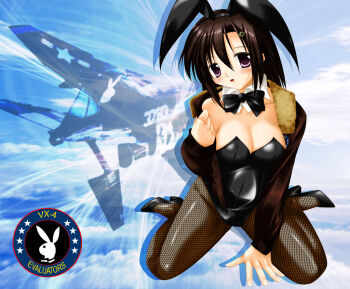 1girl aircraft airplane animal_ears bow bowtie breasts cleavage f-4_phantom_ii fake_animal_ears female_focus fighter_jet fishnet_pantyhose fishnets high_heels hiyou_jun jacket large_breasts military military_vehicle navy pantyhose playboy playboy_bunny rabbit_ears shoes solo