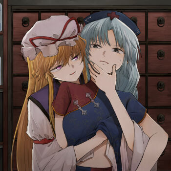 Rule 34 | 1girl, blonde hair, blue shirt, braid, commentary request, constellation print, cross, cross print, dress, grabbing another's breast, grabbing from behind, grey hair, groping, hand under clothes, hand under shirt, hat, hat ribbon, highres, long hair, long sleeves, mob cap, mochimo-cheese, nurse cap, open mouth, print hat, purple eyes, purple tabard, red cross, red shirt, ribbon, shirt, short sleeves, smile, solo, sweatdrop, tabard, touhou, two-tone shirt, wide sleeves, yagokoro eirin, yakumo yukari, yuri