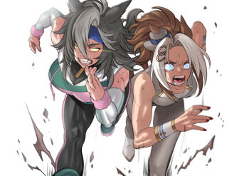 2girls absurdres ahoge arrogate_(racehorse) blue_eyes blue_hairband borrowed_character breasts brown_hair california_chrome_(racehorse) commentary_request commission detached_sleeves ears_through_headwear fukuro_(maruaru00) genderswap genderswap_(mtf) grey_hair hair_intakes hair_ornament hairband hat highres large_breasts mini_hat multiple_girls original personification pixiv_commission running simple_background umamusume white_background white_hair yellow_eyes