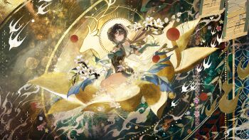 1girl bare_shoulders breasts daniel_deng deer flower gloves green_eyes green_gloves highres honkai:_star_rail honkai_(series) jewelry medium_breasts necklace outstretched_hand ruan_mei_(honkai:_star_rail) solo white_flower