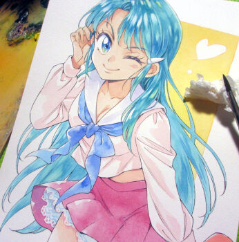 1girl agahari aqua_hair art_brush art_tools_in_frame blue_eyes blue_neckerchief closed_mouth commentary_request cowboy_shot genji_tsuushin_agedama hair_ornament hairclip hand_up heart kuki_rei layered_skirt leaning_forward long_hair looking_at_viewer midriff_peek neckerchief one_eye_closed paintbrush painting_(medium) photo_(medium) red_skirt sailor_collar school_uniform shirt skirt smile solo standing traditional_media tucking_hair very_long_hair white_sailor_collar white_shirt