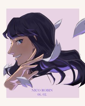 1girl black_hair blue_eyes blunt_bangs border character_name dated floating_hair highres long_hair nico_robin one_piece petals profile smile solo soupdumbling white_border