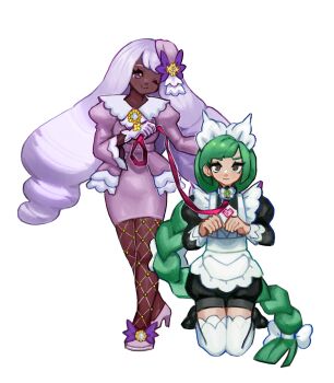 2girls apron black_dress black_shoes bow bowtie braid braided_ponytail brooch brown_eyes closed_mouth collar commentary dark-skinned_female dark_skin dress english_commentary fishnet_leggings floating_hair flower footwear_bow gloves green_hair hair_bow hair_flower hair_ornament high_heels highres holding holding_leash jacinthe_(pokemon) jewelry juliet_sleeves kneeling knees_together_feet_apart layered_dress leash lebanne_(pokemon) long_hair long_sleeves looking_at_viewer low-tied_long_hair maid_apron meltted multiple_girls nintendo one_eye_closed paw_pose pencil_dress pokemon pokemon_legends:_z-a puffy_sleeves purple_dress purple_eyes purple_flower purple_hair purple_shoes red_leash shoes simple_background smile swept_bangs thighhighs very_long_hair white_apron white_background white_bow white_bowtie white_collar white_gloves white_thighhighs white_trim wide_sleeves zettai_ryouiki