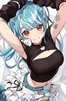 Rule 34 | 1girl, absurdres, aqua belt, aqua shoes, arched back, arm warmers, armpits, arms up, belt, black arm warmers, black bow, black ribbon, black shirt, blue hair, blush, bow, breasts, chest strap, cleavage, cleavage cutout, clothing cutout, commentary request, feet out of frame, frilled skirt, frills, from above, hair ornament, heart, heart hair ornament, heart tattoo, highres, light blue hair, long hair, looking at viewer, medium breasts, midriff, multicolored hair, multiple belts, parted bangs, pixel heart, red eyes, ribbon, ruo19, shiranami ramune, shiranami ramune (3rd costume), shirt, shoes, skirt, sleeveless, sleeveless shirt, solo, streaked hair, tattoo, thick eyelashes, virtual youtuber, vspo!, white hair, white skirt