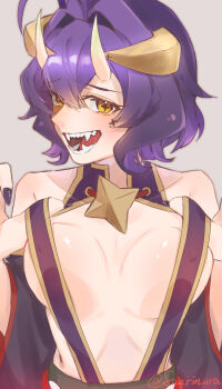 Rule 34 | 1girl, bare shoulders, black sleeves, blush, breasts, breasts apart, clothes lift, collarbone, commentary request, cross, cross-shaped pupils, cross facial mark, detached sleeves, facial mark, fangs, forward-facing horns, fuurinura, hair intakes, highres, hiiragi utena, horns, lifting own clothes, looking at viewer, magia baiser, mahou shoujo ni akogarete, medium breasts, nail polish, open mouth, purple hair, purple nails, revealing clothes, sharp teeth, shirt lift, short hair, simple background, smile, solo, symbol-shaped pupils, teeth, tongue, turning head, twitter username, upper body, yellow eyes, yellow horns